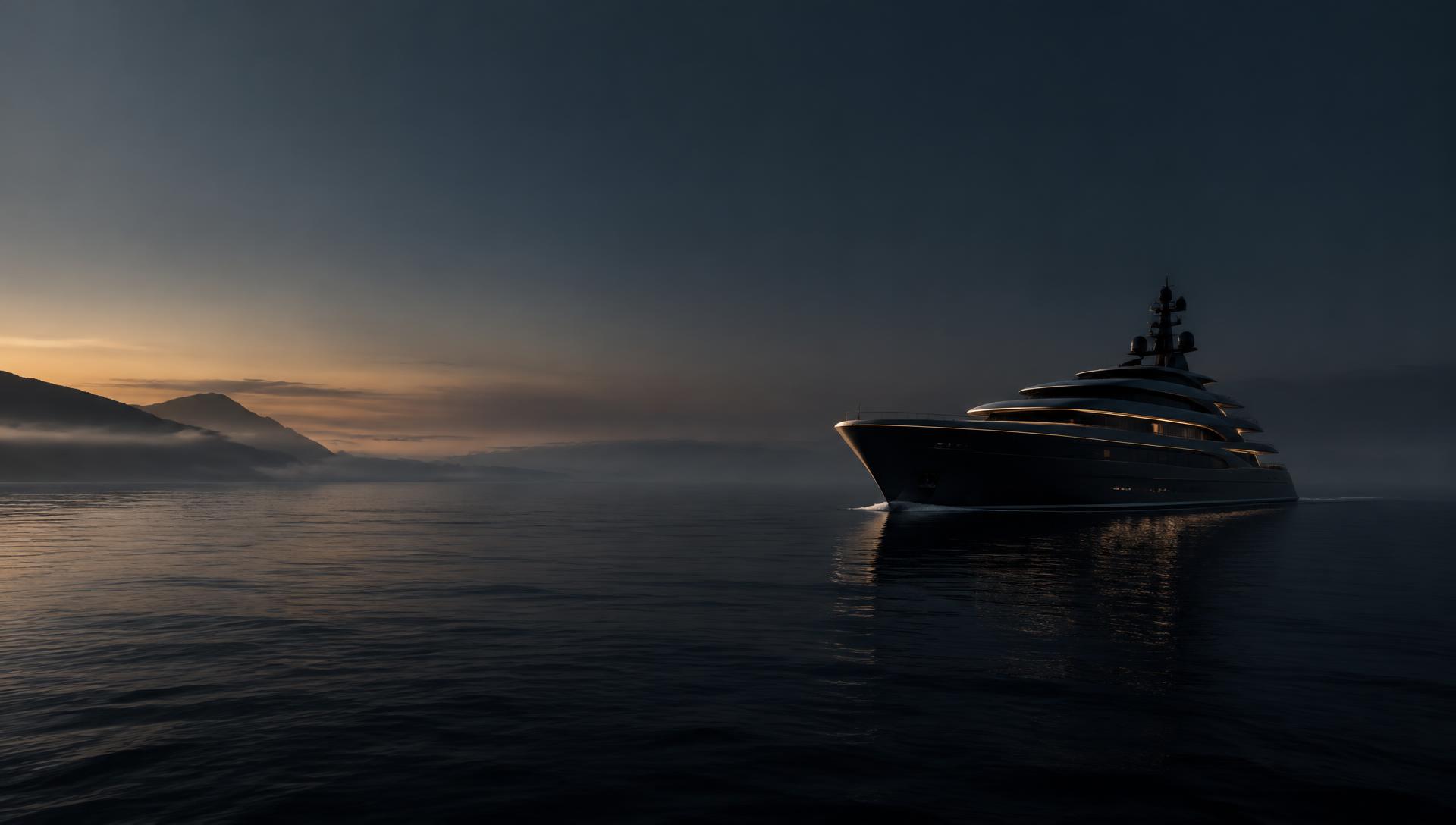 A superyacht on still water at dusk